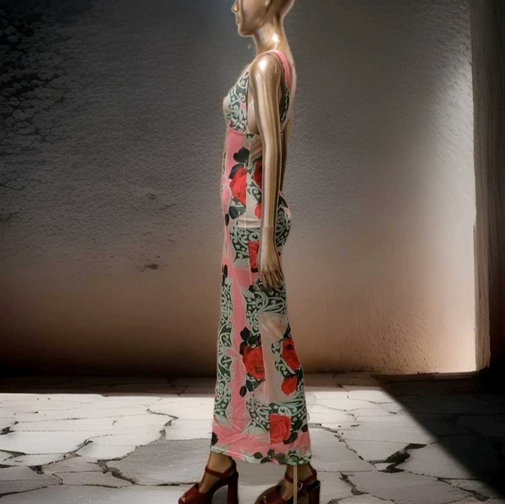 NWT Sexy Vibrant Romantic Floral Print Mesh Bodycon Maxi Dress Sz S - Picture 10 of 16